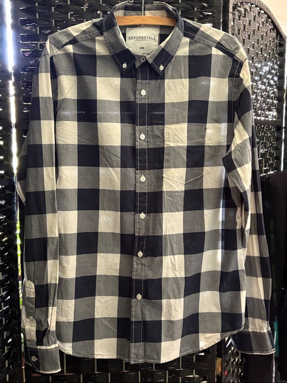 Aeropostale 100% Cotton Men’s Navy Blue and White Check Button-Down Shirt